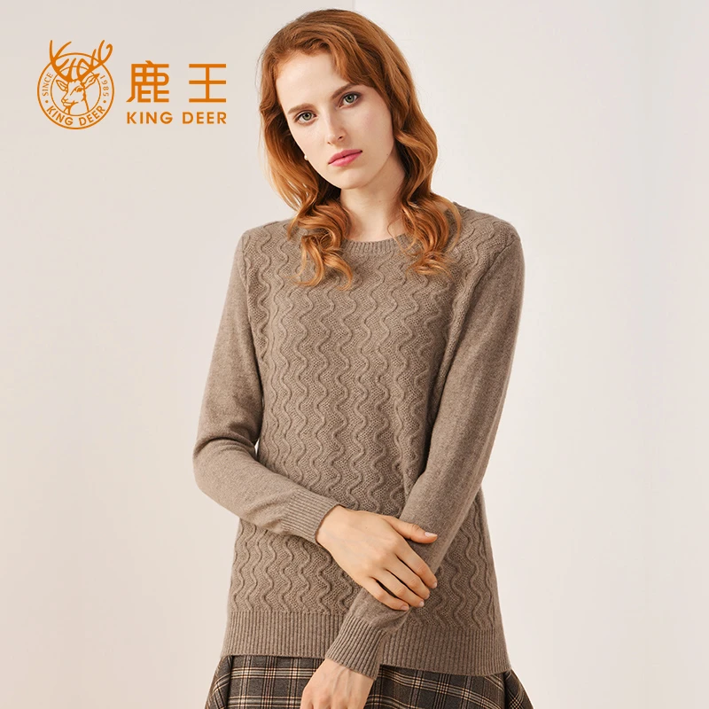 鹿王羊绒衫女100纯羊绒新山羊绒圆领变换组织套衫经典舒适百搭