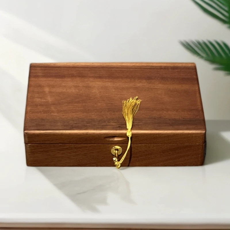 翻盖式单成首饰盒收纳盒胡桃色带钥匙复古创意中式带锁精致1103