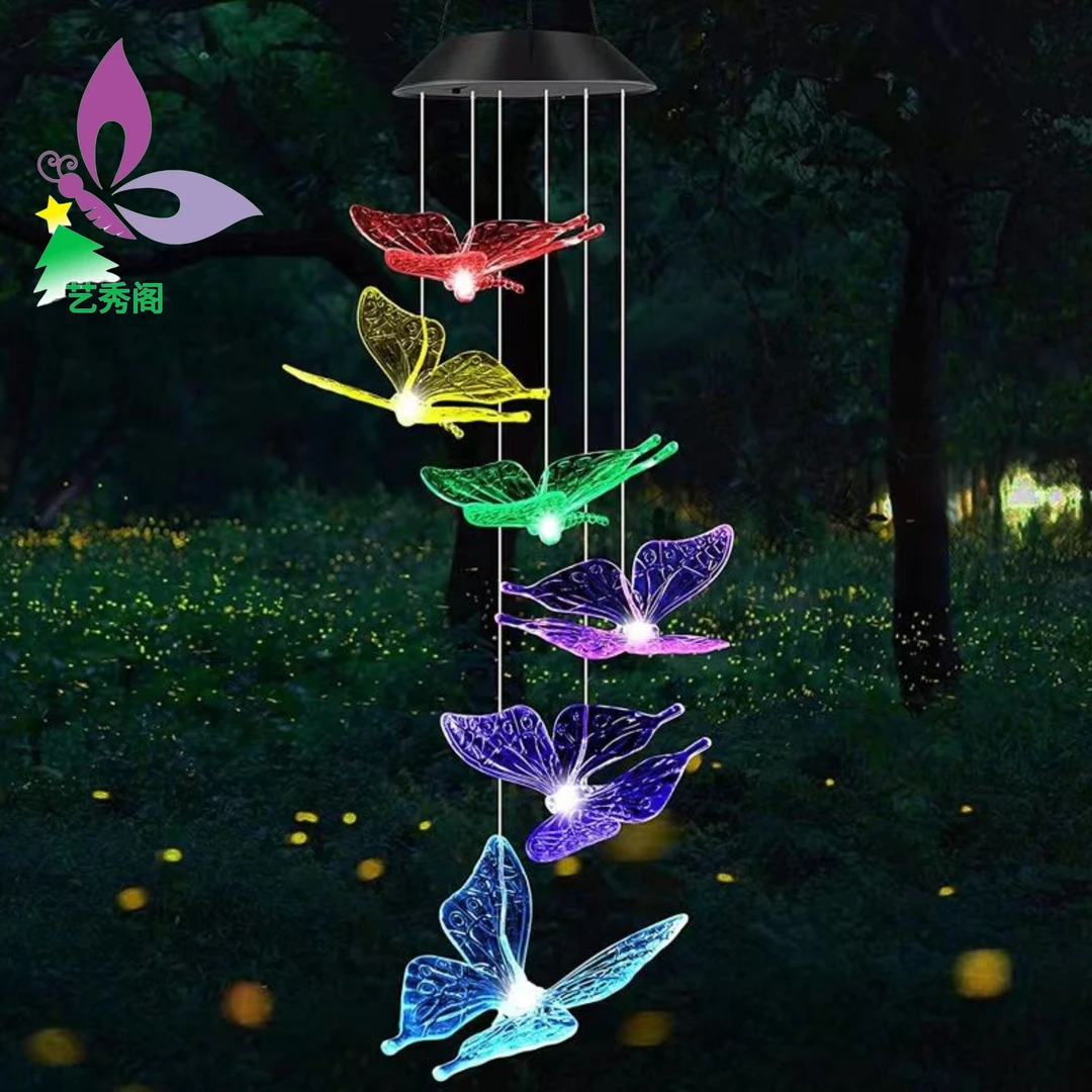 新款创意复古太阳能蝴蝶风铃家居装饰品门式挂件花园庭院蝴蝶风铃