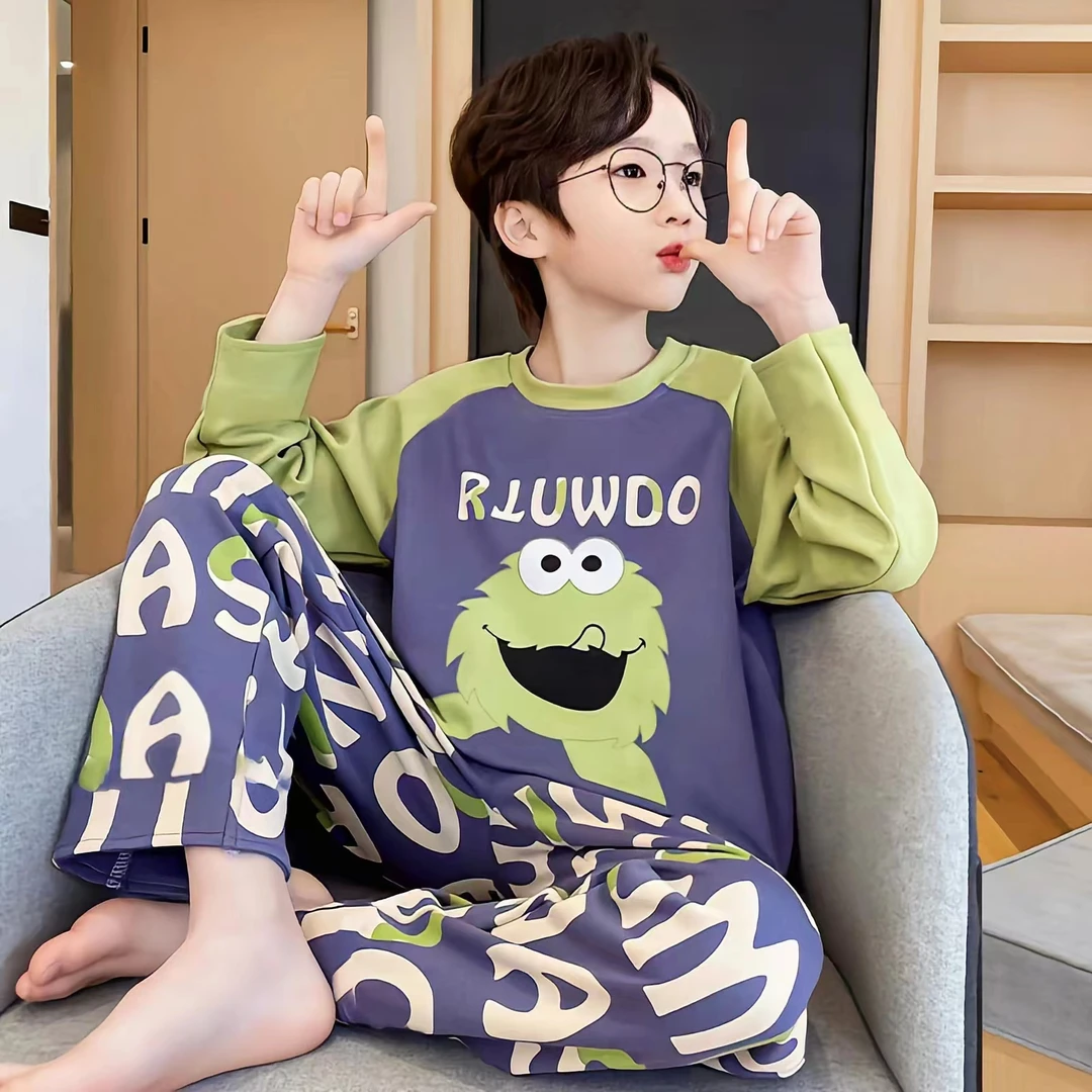 秋季儿童男童卡通男孩长袖睡衣薄款圆领套装中大童家居服春秋款