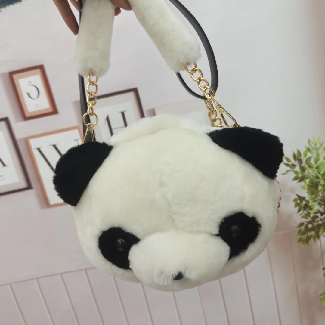 羊毛熊猫头手提包斜挎包皮草制品玩偶配饰