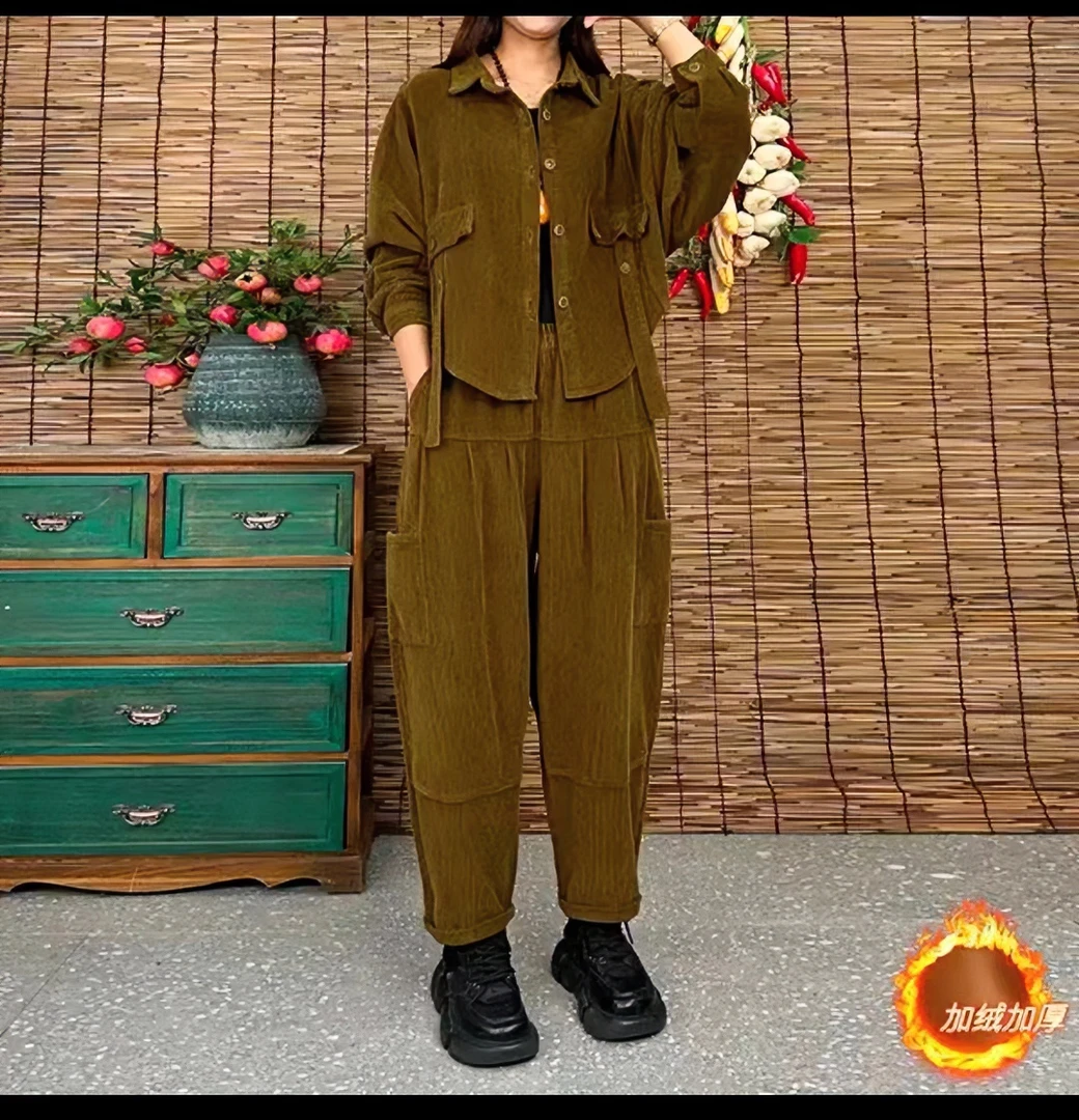 秋冬新款加绒加厚保暖复古时尚宽松飘带洋气减龄灯芯绒套装