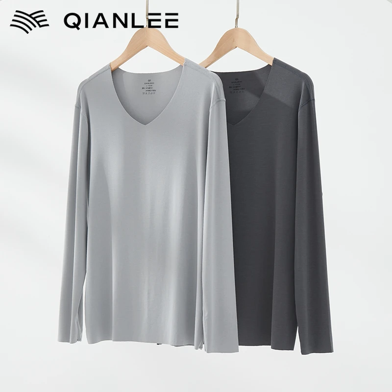 QIANLEE/浅力莫代尔秋衣男无痕低领打底衫长袖保暖内衣冬上衣