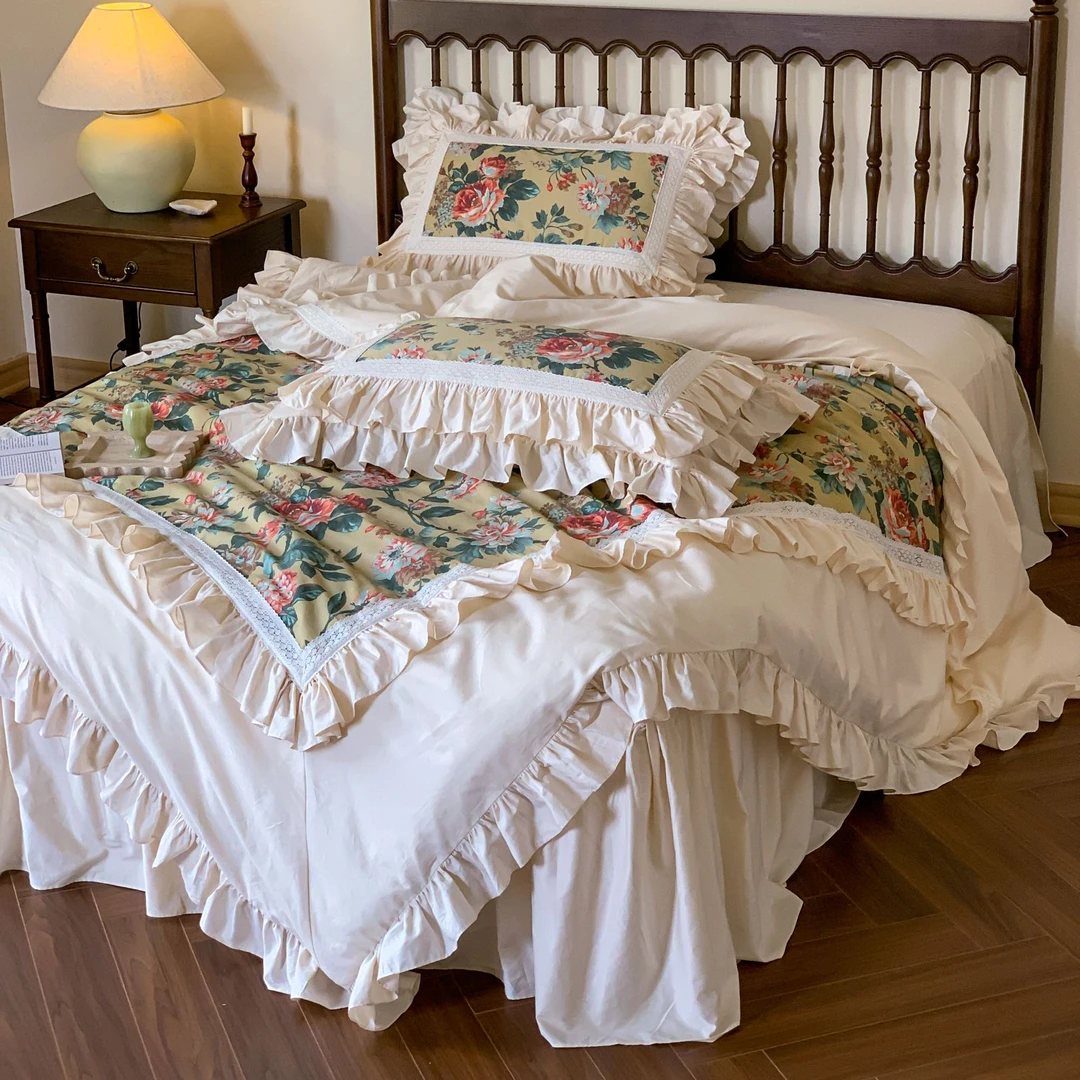 【珍妮花边款】复古印花四件套韩式韩版公主风枕套荷叶边绗缝碎花