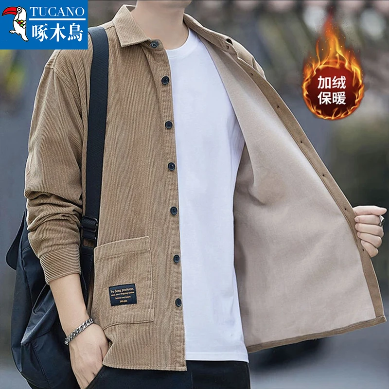 正品啄木鸟冬季加绒加厚男士灯芯绒保暖外套男士加绒保暖男衬衫