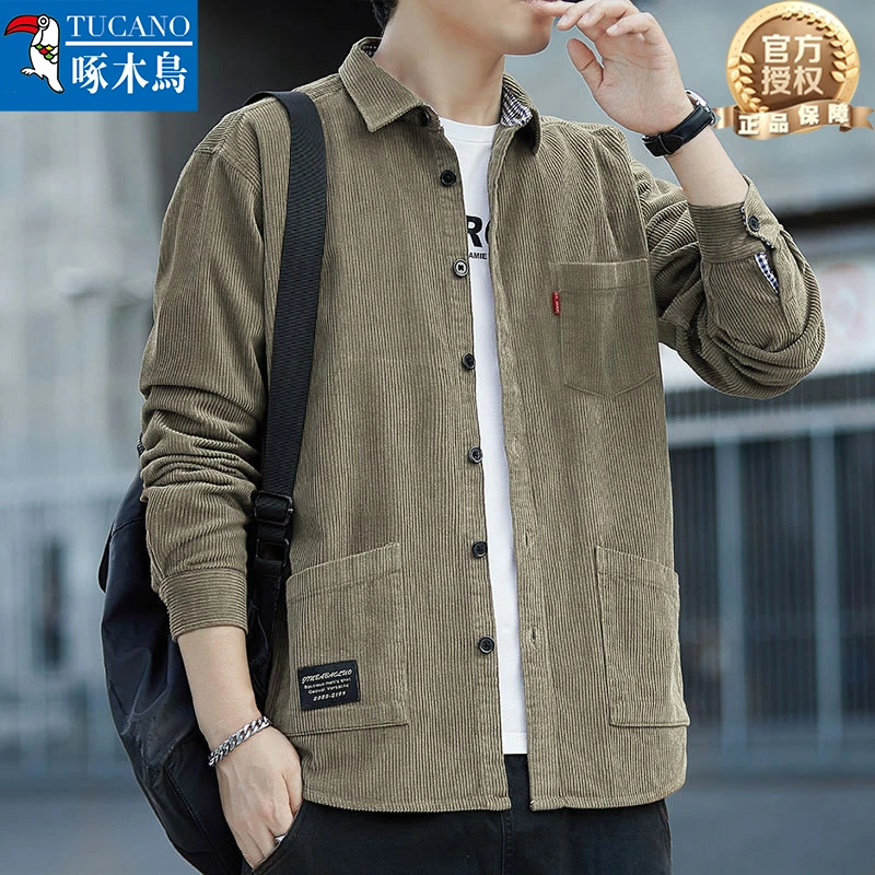正品啄木鸟高档纯棉灯芯绒衬衫男长袖春秋季宽松休闲工装外套修身