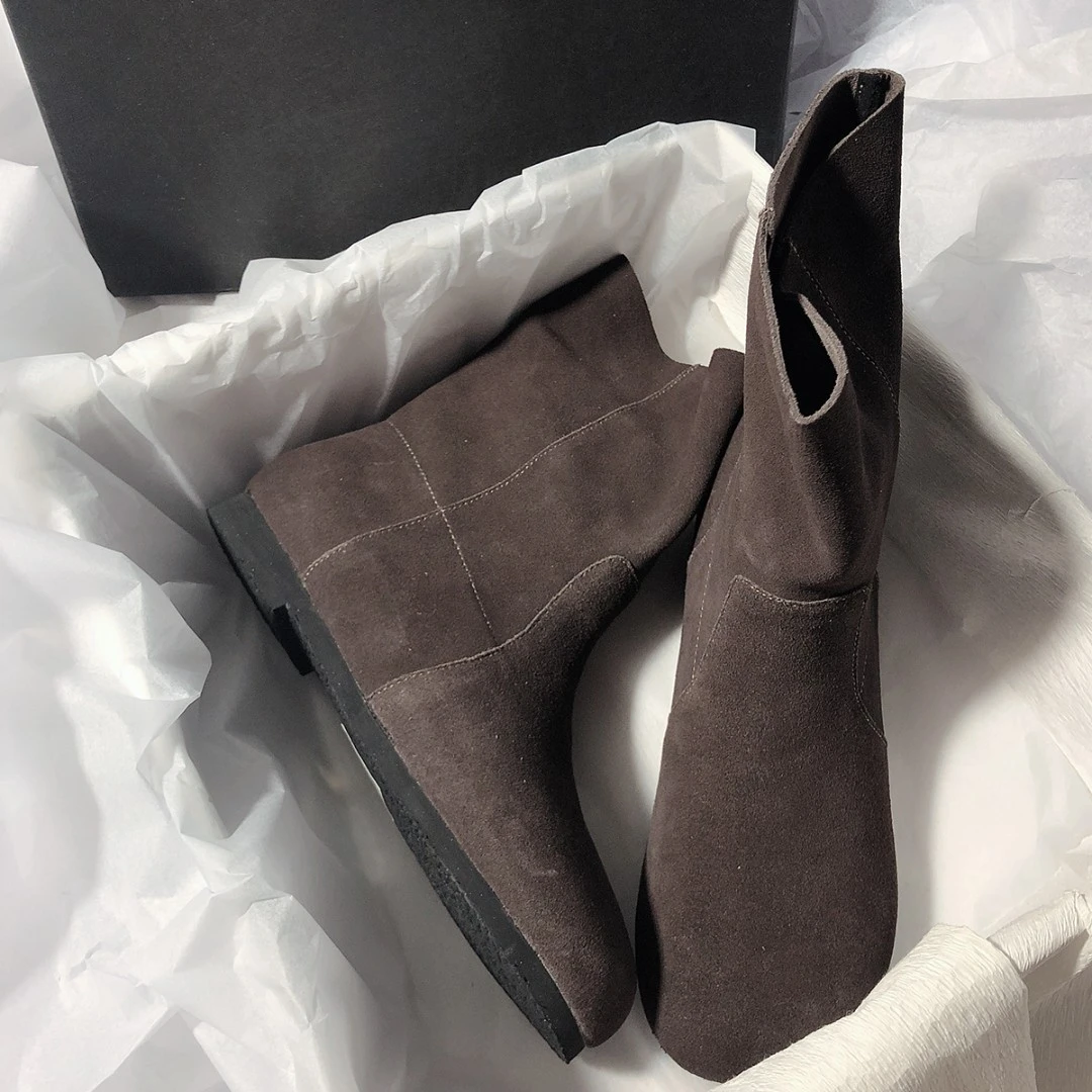 森屿海巷 文艺森女系~磨砂平底牛仔靴短靴圆头日系套筒中筒靴