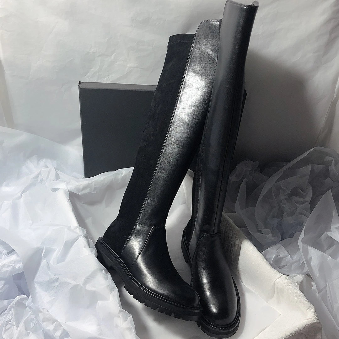 森屿海巷 圆头粗跟爆款拼接经典款套筒及膝女长靴穿搭氛围感