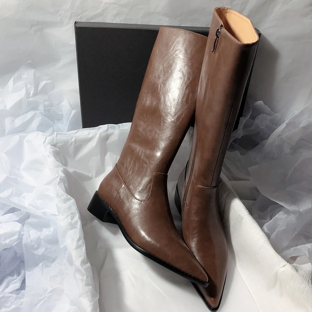 森屿海巷 少有的尖头中跟西部靴纯色拼接粗跟侧拉链不过膝靴