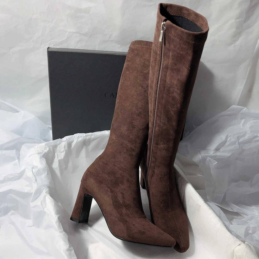 森屿海巷 ins风韩版绒面弹力靴尖头粗跟高跟瘦瘦靴网红显瘦长靴女