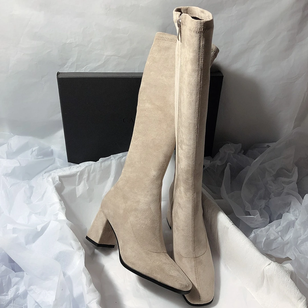 森屿海巷 方头弹力瘦瘦百搭粗跟高跟绒面简约高筒靴长靴女