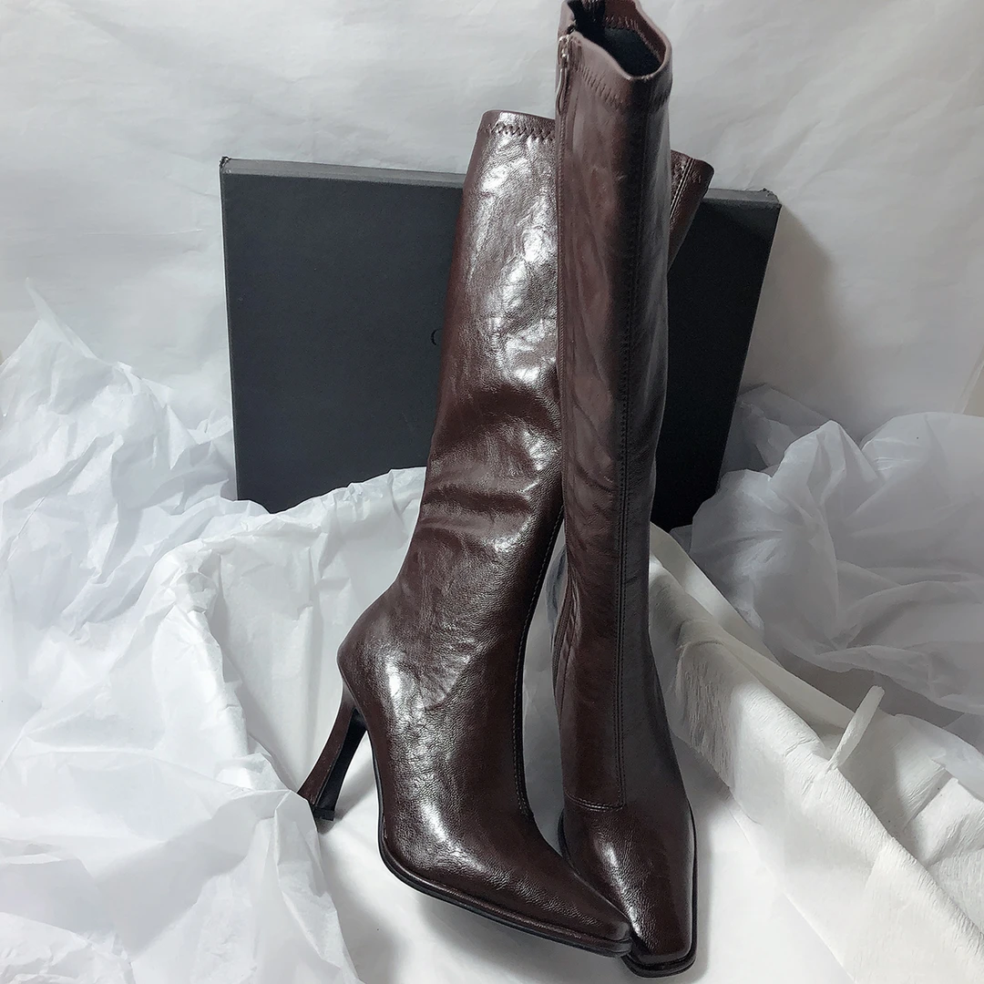 森屿海巷 拉链瘦瘦包腿纯色方头优雅通勤新款弹力高筒不过膝女靴