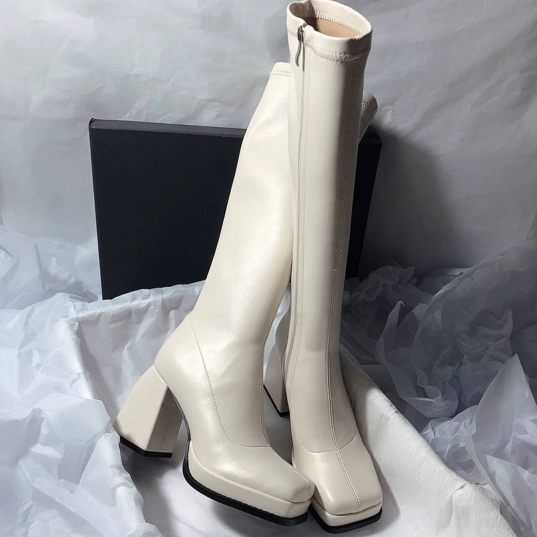 森屿海巷 方头大粗跟侧拉链弹力瘦瘦靴超高跟显瘦显高长靴女