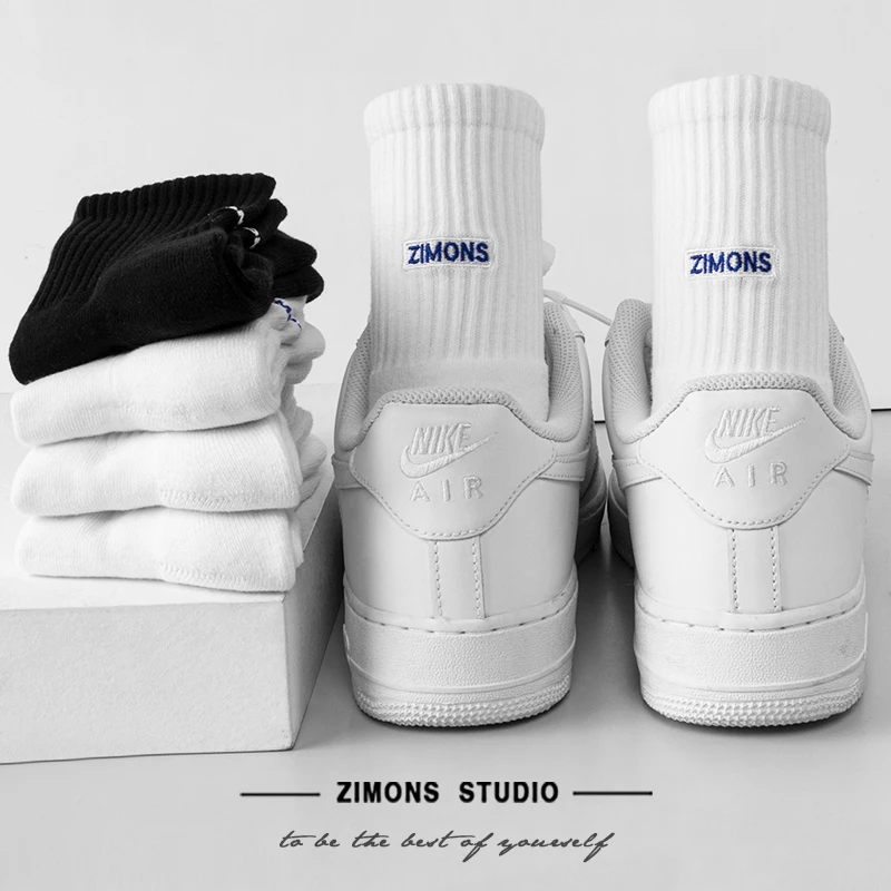 4双男士毛巾底中筒袜子加厚保暖运动棉毛圈吸汗刺绣潮白色运动袜