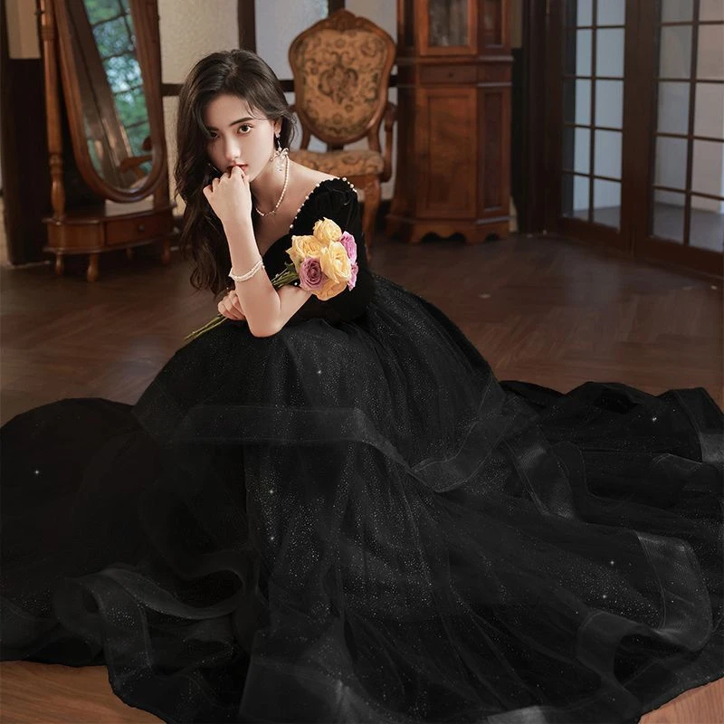 黑色礼服女2025新款名媛气质生日晚宴年会主持人修身高端礼服长裙