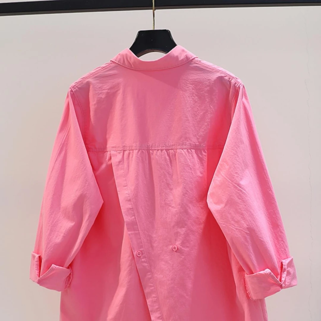 设计感背后开叉玫粉色棉衬衫女宽松长袖衬衣2024春季百搭开衫上衣