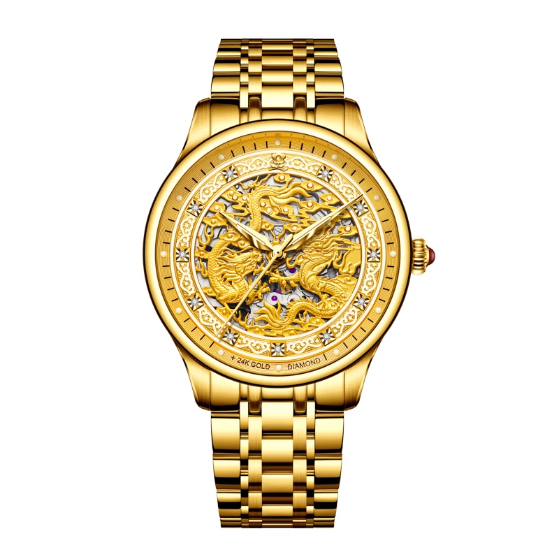 【万达专柜】梦特娇（盛世飞龙）真金真钻夜光镂空男士全自动机械腕表