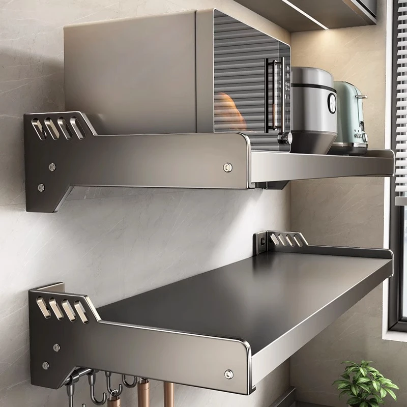 枪灰厨房微波炉架子置物架壁挂式免打孔上墙支架放烤箱多功能收纳