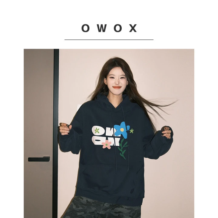 OWOX400克撞色花朵发泡印花加绒卫衣 情侣款