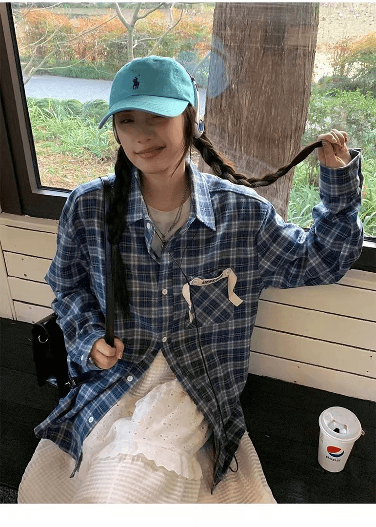【Hole】韩系设计款飘带少女格子长袖衬衫衬衣外套