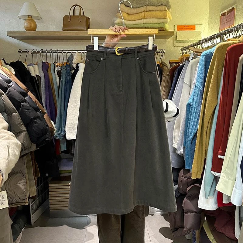 绒加牛仔半身裙秋冬女装新款高腰显瘦百搭包臀伞裙a字长裙