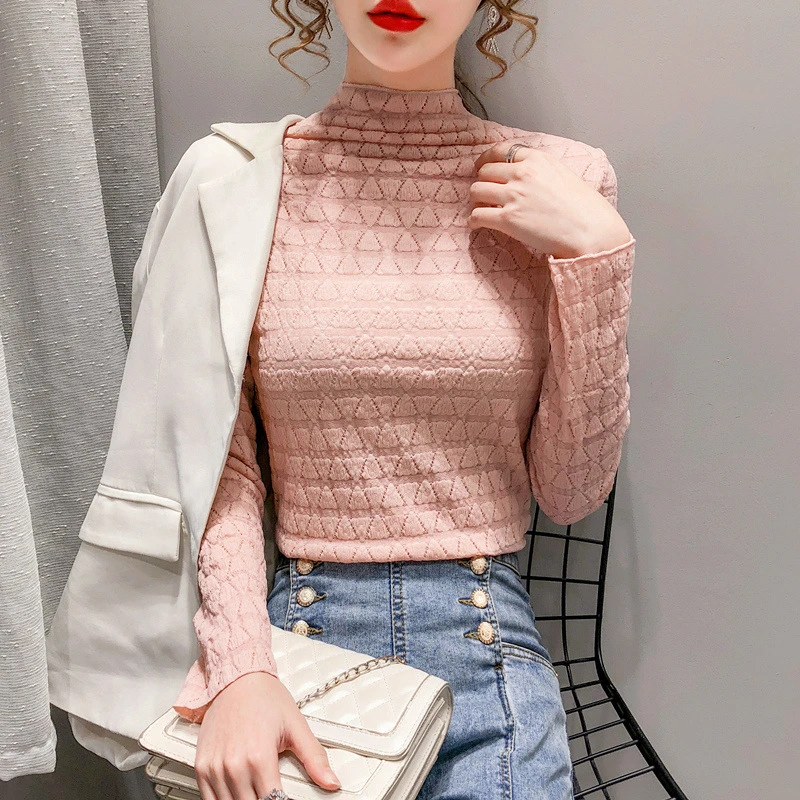 2022新款春秋蕾丝打底衫女高领长袖紧身白色网纱内搭上衣仙女小衫