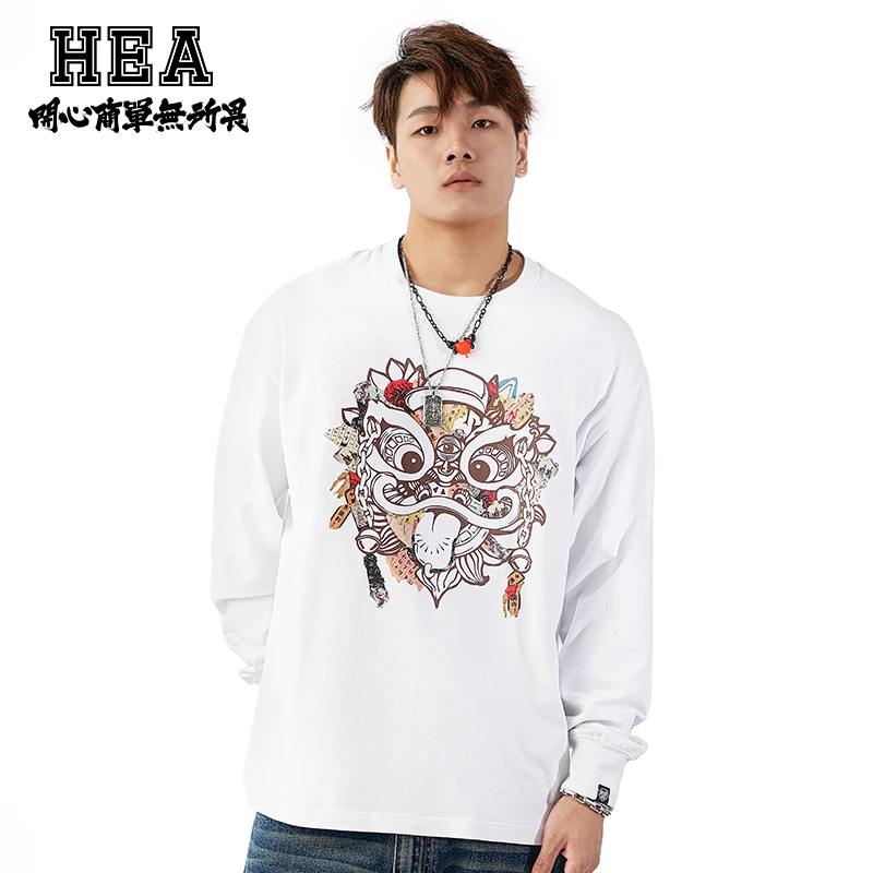 HEA 国潮醒狮圆领长袖T恤男装秋季新款百搭印花外穿休闲宽松上衣