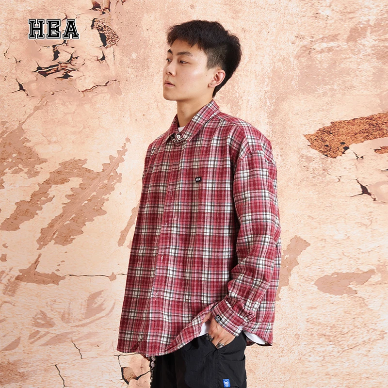 HEA国潮醒狮【红白格纹长袖】简约工装风衬衫宽松外穿情侣款衬衫