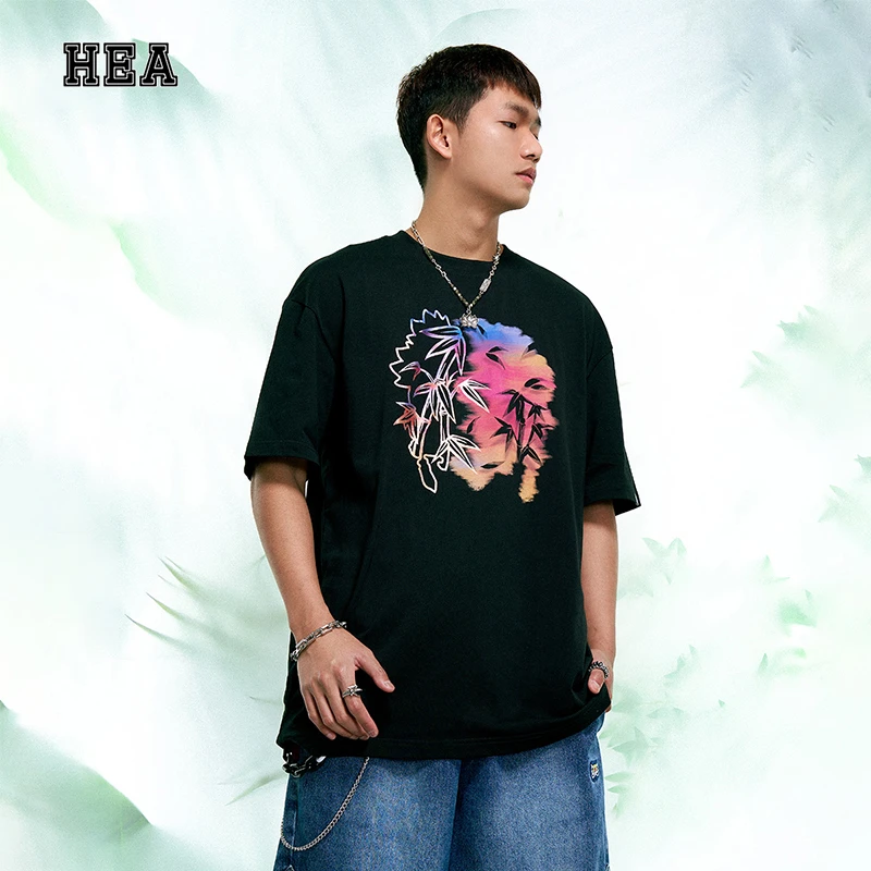 HEA国潮夏季金属竹林美景印花休闲短袖T恤
