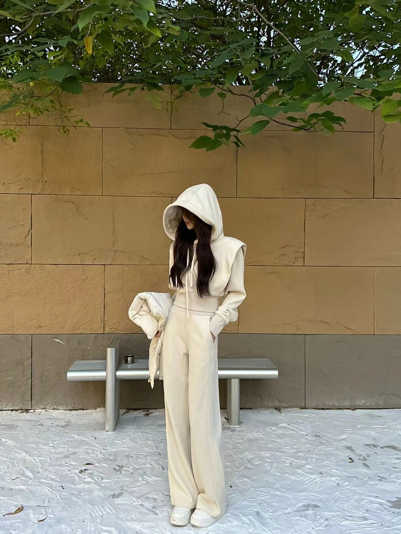百搭连帽抽绳卫衣配卫裤配显瘦气质高级感套装