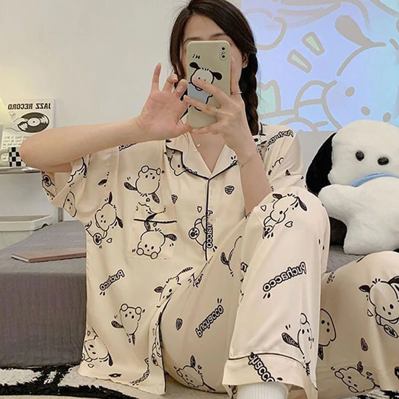 夏季ins可爱大码睡衣女开衫短袖软萌可爱风可外穿宽松家居服套装