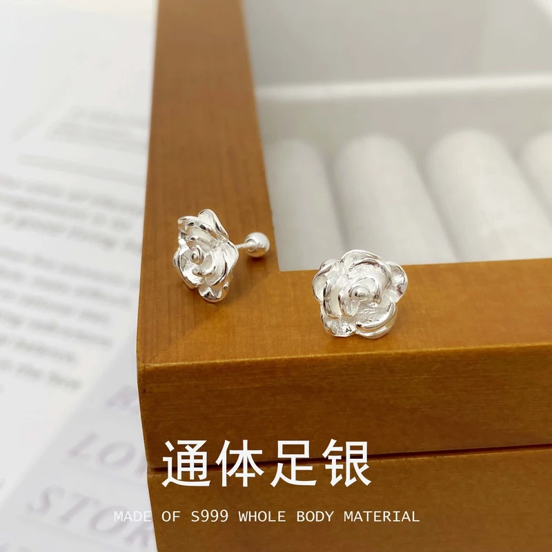 足银耳饰 足银重工牡丹花耳钉气质大款纯银螺丝耳饰E171