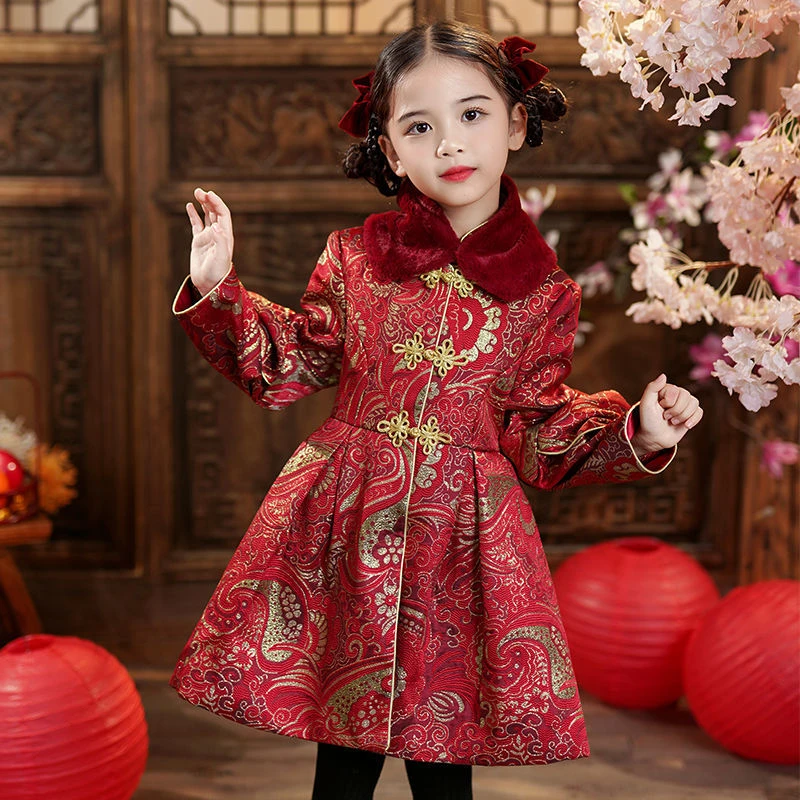 巴拉吧啦女童洋气百搭汉服秋冬季2023新款小女孩生日花童加厚古风