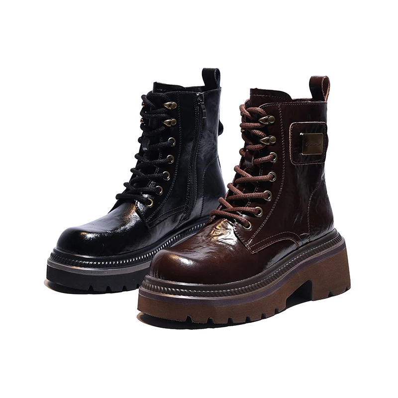 英伦风真皮跟高6CM筒高14.5CM粗跟短靴圆头马丁靴女复古百搭LX996