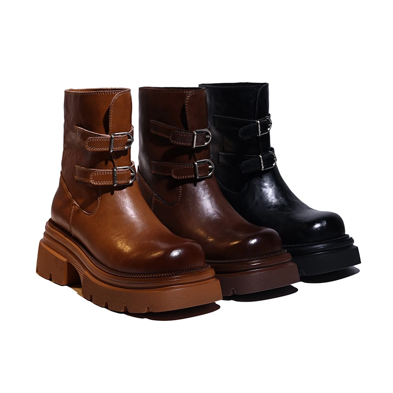 【渔歌子】真皮跟高7CM筒高15CM粗跟短靴圆头马丁靴女JD81008