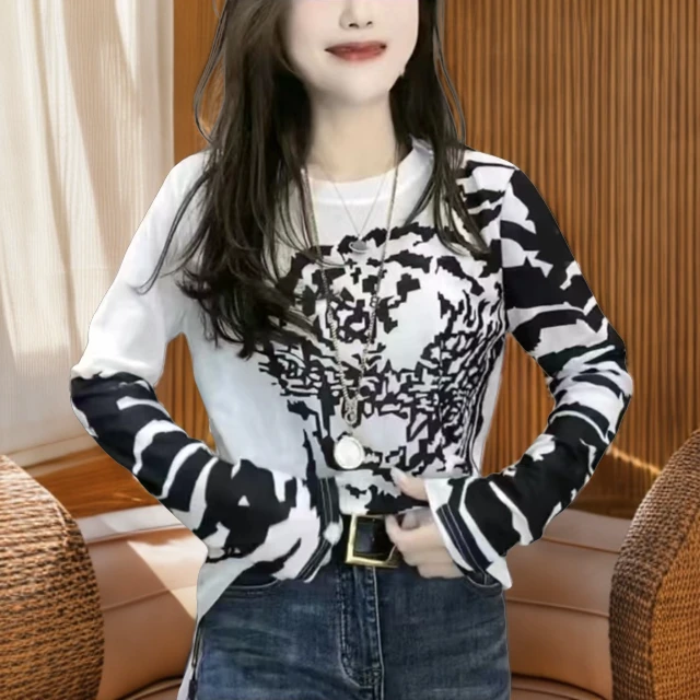 夏季防嗮长袖打底衫简约圆领时尚弹力显瘦洋气百搭休闲上衣黑白