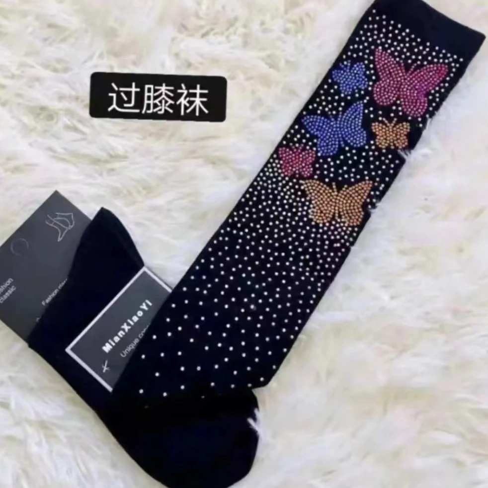 888秋冬季时尚百搭亮钻网红高腿袜潮流休闲保暖女士袜黑色商务