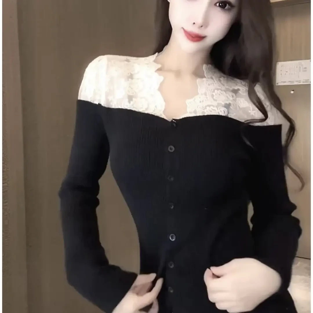 艾新款法式风情蕾丝长袖洋气拼接上衣百搭时尚T恤显瘦气质黑色