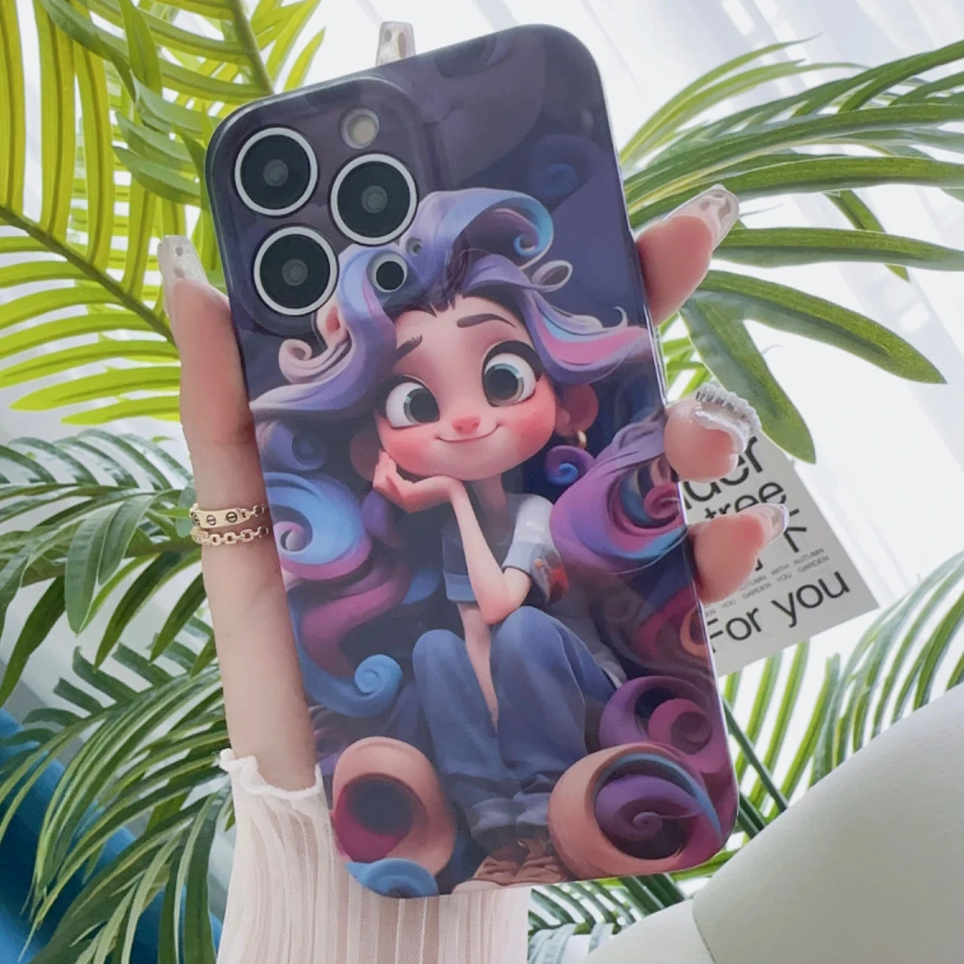 彩色卷发女孩苹果13promax手机壳iphone14华为oppo小米全包12卡通