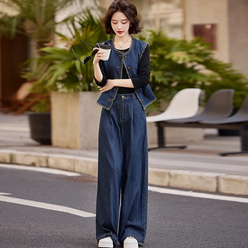 休闲牛仔小香风套装女2025春新款高级感时尚洋气马甲阔腿裤两件套