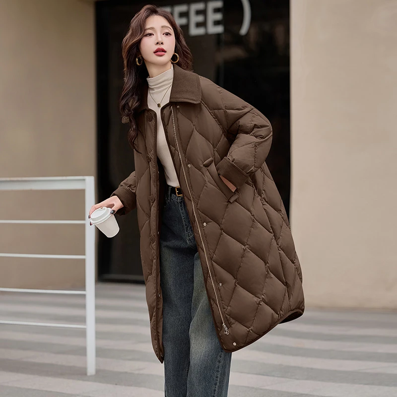 羽绒服女中长款2024冬新款超好看拼接宽松加厚保暖过膝白鸭绒外套