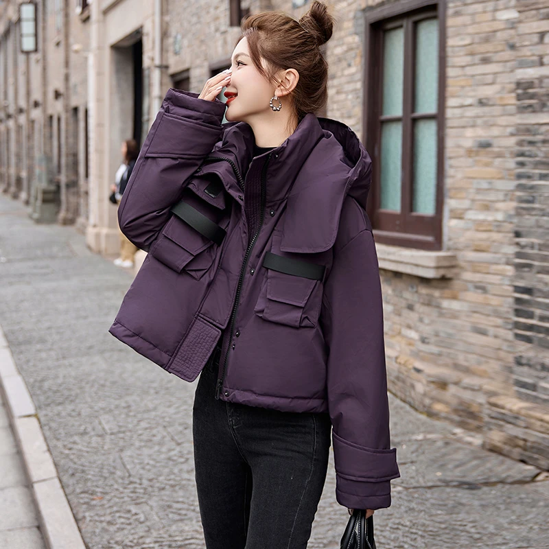 短款羽绒服女2024冬季新款小个子高级感超好看休闲紫色工装冲锋衣