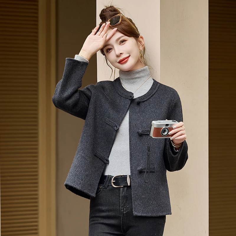小香风双面羊毛大衣女2024年秋冬新款复古盘扣气质绵羊毛短款外套