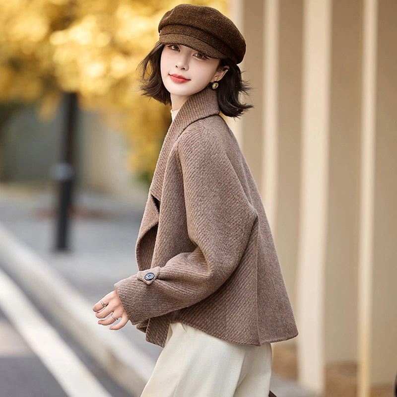 小个子翻领短款双面羊毛大衣女2024秋冬新款韩系高端气质毛呢外套