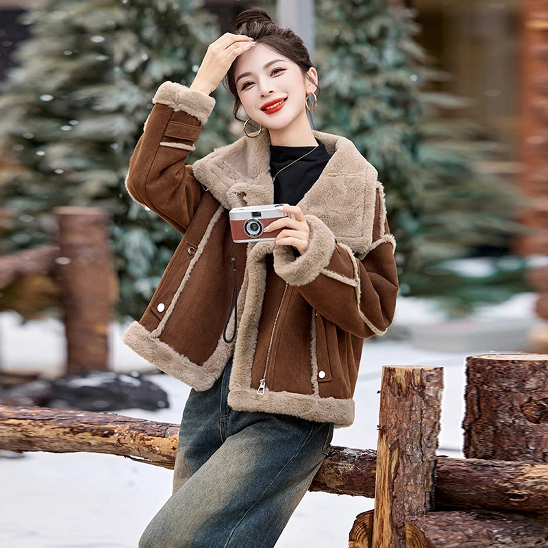 欧货复古洋气加绒保暖皮毛一体外套女2024年秋冬季新款保暖机车服