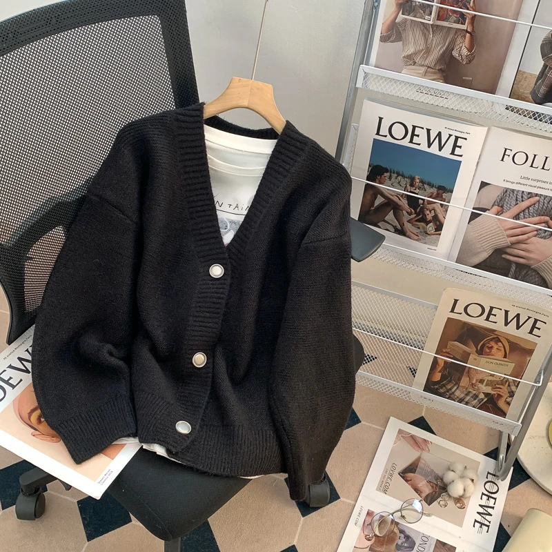 慵懒风V领女秋冬外穿新款宽松外穿韩版针织毛衣针织衫外套