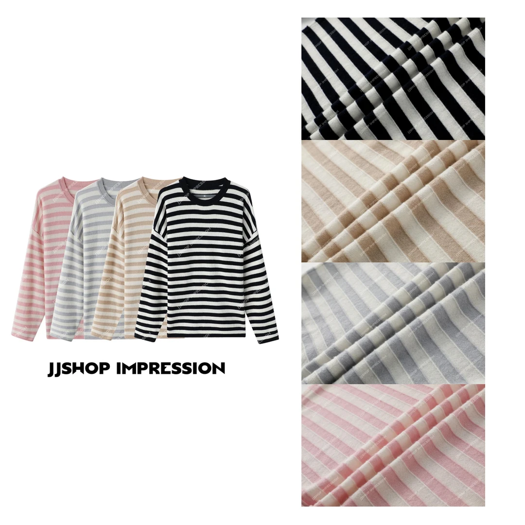【全羊毛条纹针织】JJSHOP秋季休闲时尚宽松百搭圆领长袖套头毛衣