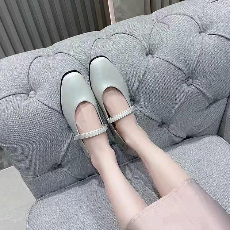 银色单鞋女2024年夏季新款平底粗跟浅口百搭法式玛丽珍皮鞋99-83