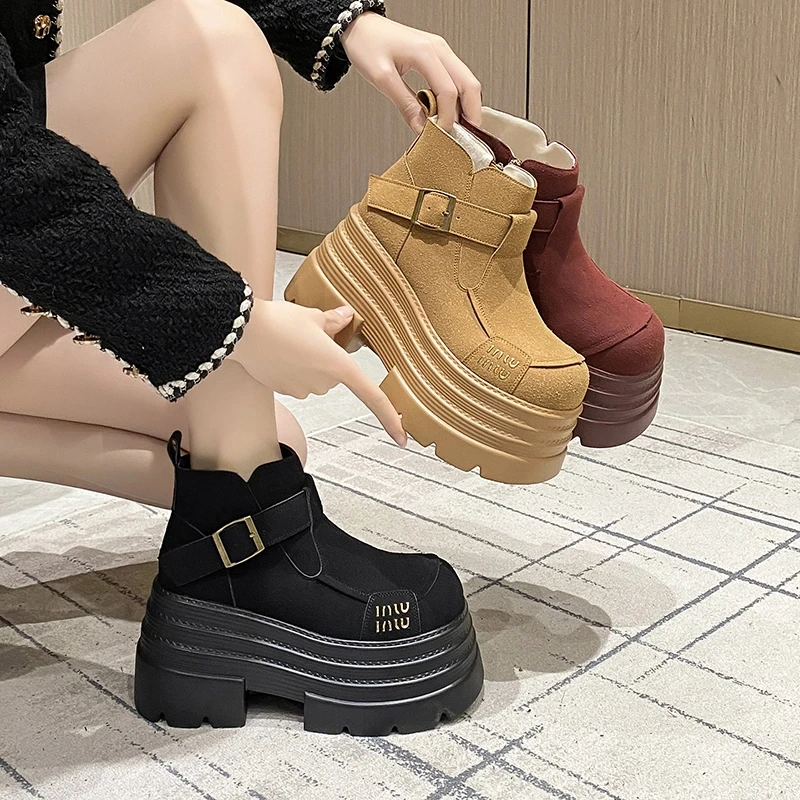10cm增高马丁靴女冬2024新款厚底小个子加绒勃肯短靴百搭松糕棉靴