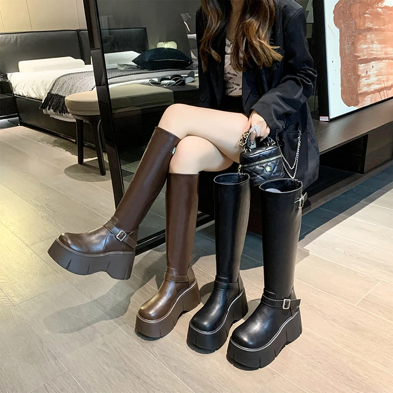 增高9cm英伦风不过膝长靴女2023秋冬爆款瘦瘦靴小个子厚底骑士靴